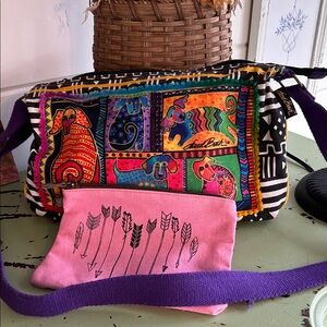 Laurel Burch shoulder bag with NEW pink cosmetics bag pre owned colorful purse
